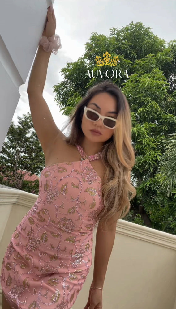 Peach Floral Halter Mini Dress | Sparkly Party Dress | AUVORA S Peach Floral Halter Mini Dress | Sparkly Party Dress | AUVORA S