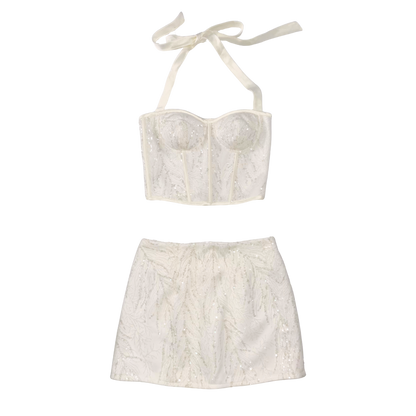 AUVORA White Sequin Sparkly Corset Top and Mini Skirt