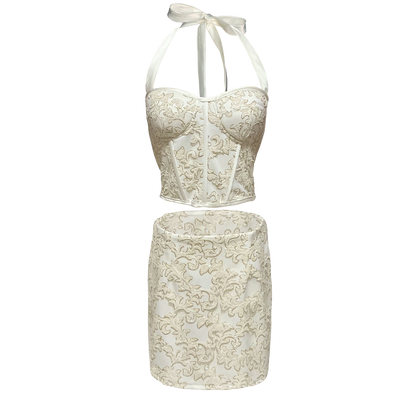 AUVORA Cream Halter Luxury Corset Top and Mini Skirt Set