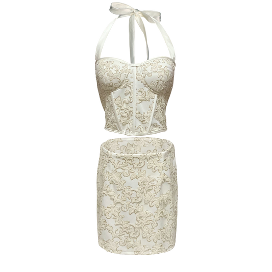 AUVORA Cream Halter Luxury Corset Top and Mini Skirt Set