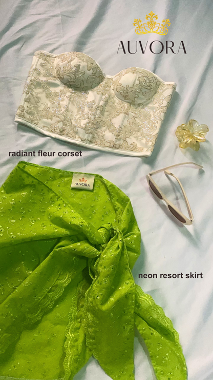 AUVORA White Luxury Corset and Neon Green Beach Resort Mini Skirt Lifestyle Vacation Outfit Inspo