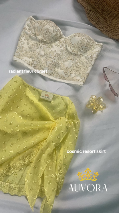 AUVORA White Luxury Corset and Yellow Beach Resort Cover Up Skirt Lifestyle Summer Vaction Outfit Inspo