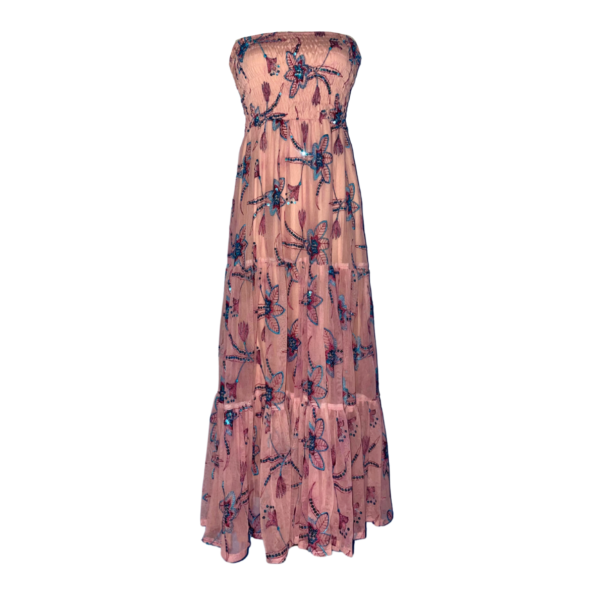 AUVORA Pink Floral Fireworks Sequins Strapless Maxi Dress