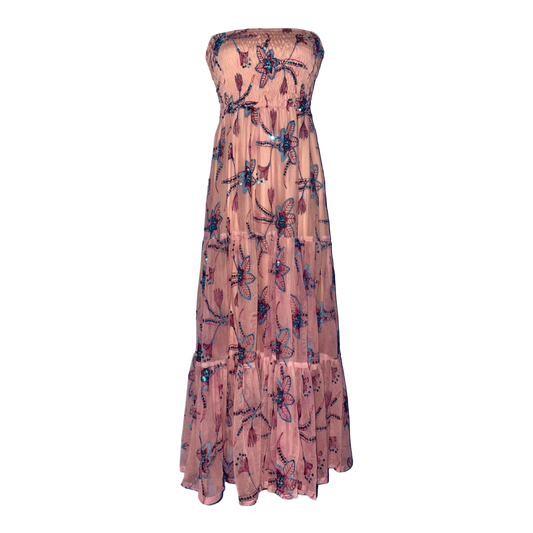 AUVORA Pink Floral Fireworks Sequins Strapless Maxi Dress