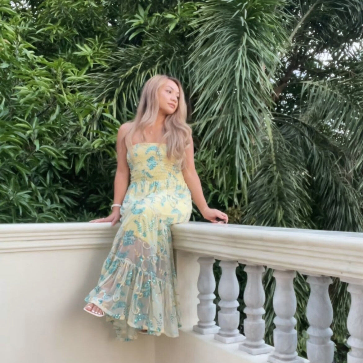 AUVORA Founder Anastasia Alyssa Arienne DaSalla in Yellow Solar Fleur Dress on Balcony Lifestyle Photoshoot