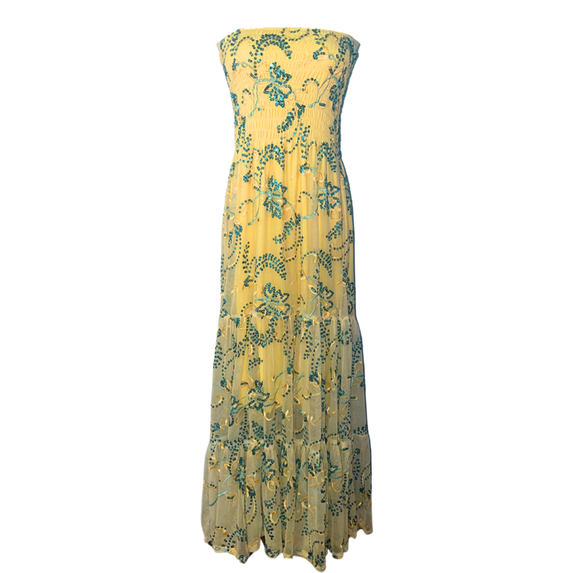 AUVORA Yellow Floral Strapless Maxi Spring Summer Dress