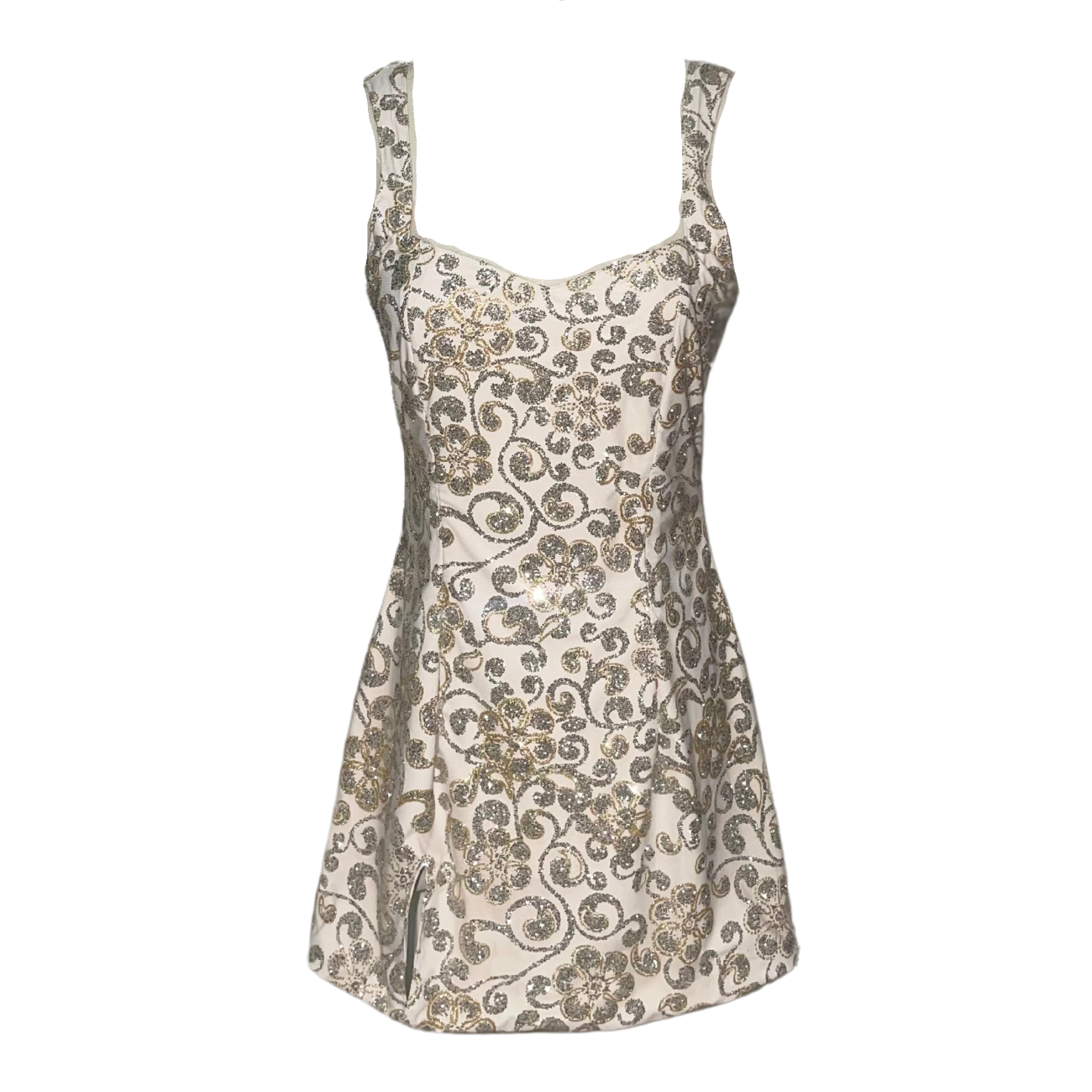 AUVORA Silver Glitter Floral White Mini Dress