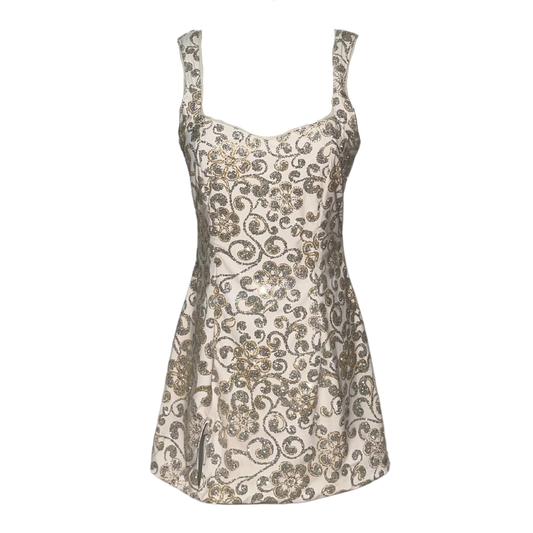 AUVORA Silver Glitter Floral White Mini Dress