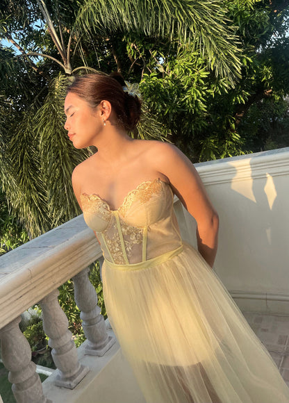 AUVORA Yellow Corset Tulle Dress Tropical Balcony Lifestyle
