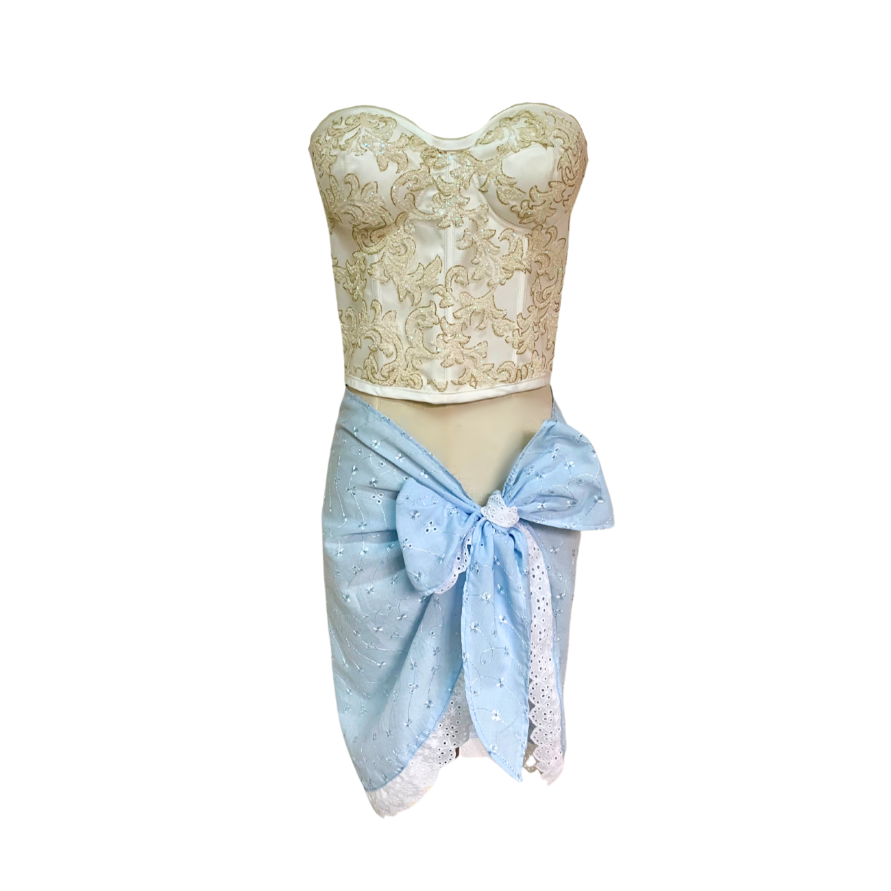 AUVORA White Luxury Corset Bustier Top and Light Baby Blue Bow Resort Beach Cover Up Sarong 