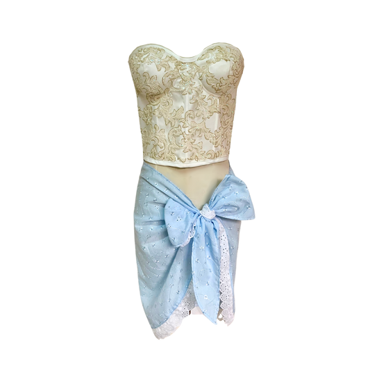 AUVORA White Luxury Corset Bustier Top and Light Baby Blue Bow Resort Beach Cover Up Sarong 