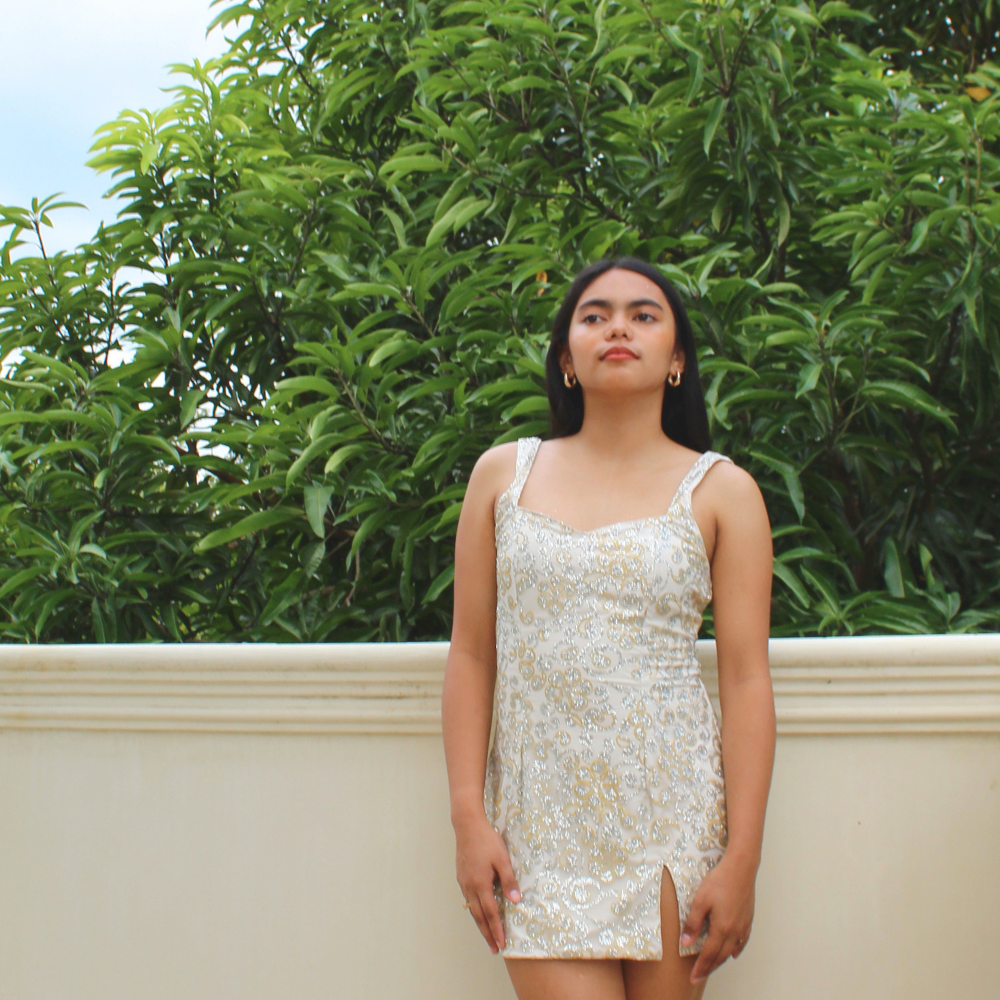 AUVORA white silver and orange floral glitter party mini dress