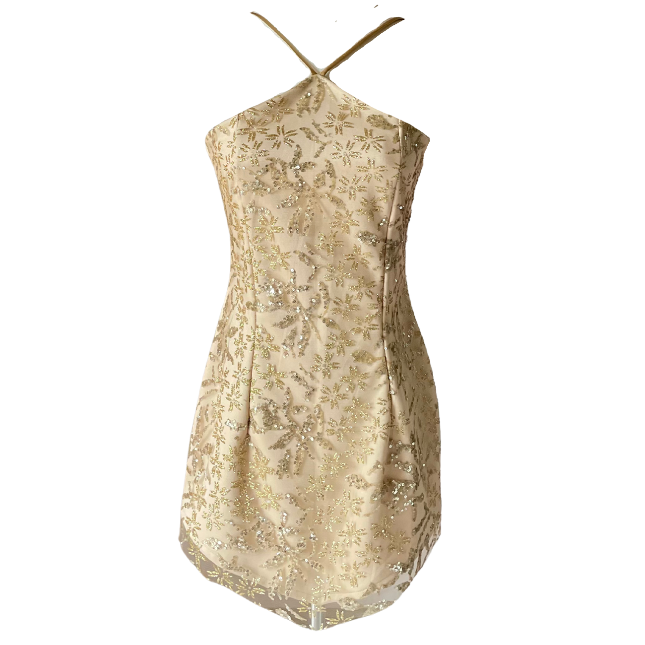 AUVORA Champagne Gold Metallic Floral Halter Mini Dress