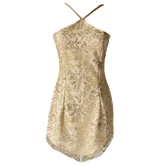 AUVORA Champagne Gold Metallic Floral Halter Mini Dress