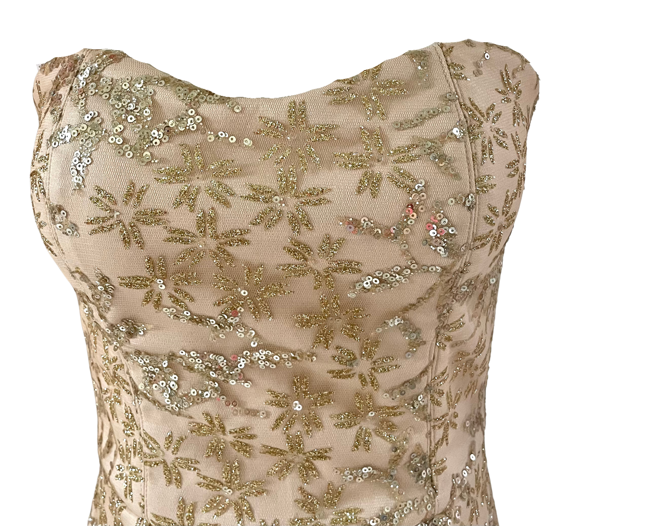 AUVORA Champagne Metallic Floral Strapless Maxi Dress Details