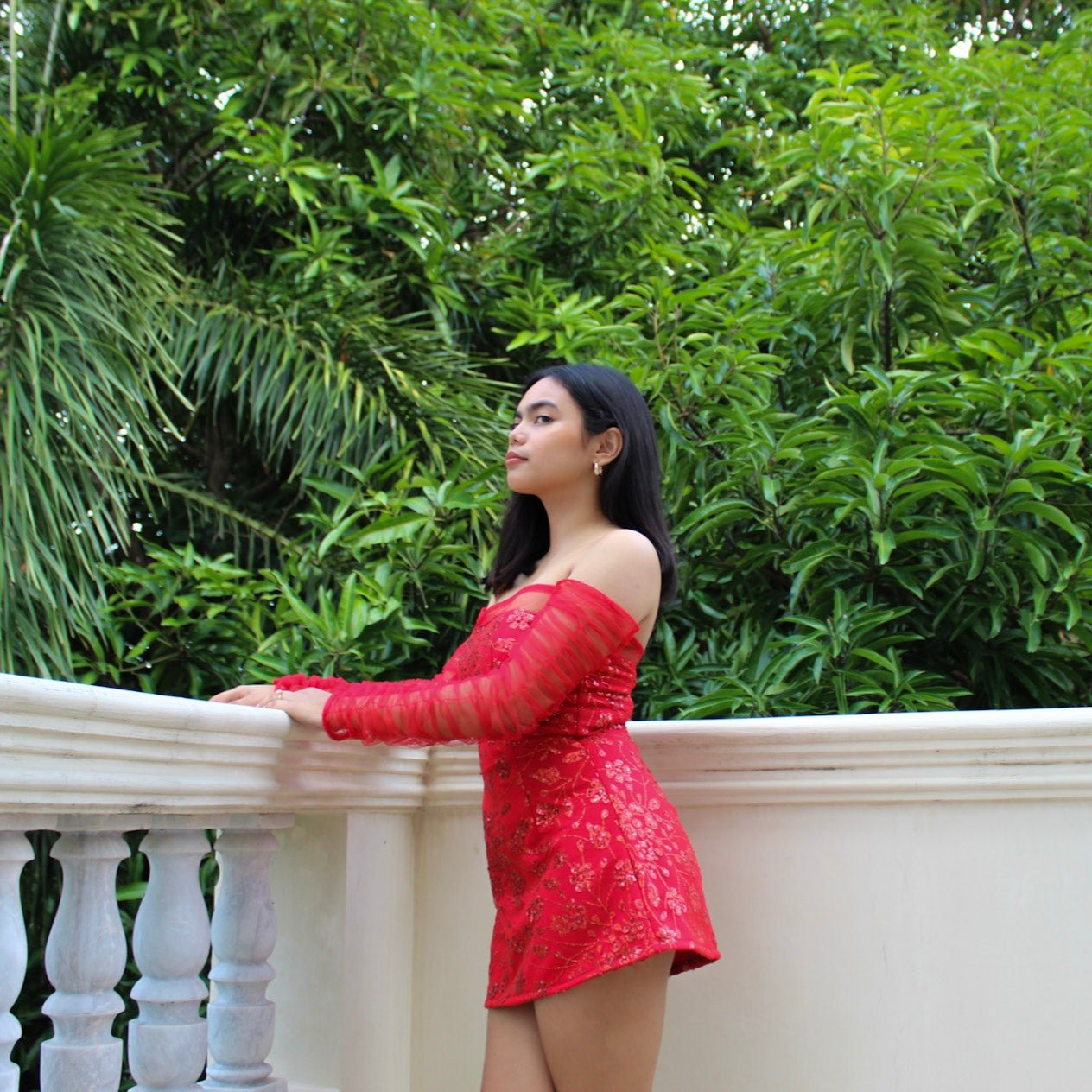 AUVORA Red Floral Off Shoulder Longsleeve Holiday Christmas Mini Dress Lifestyle