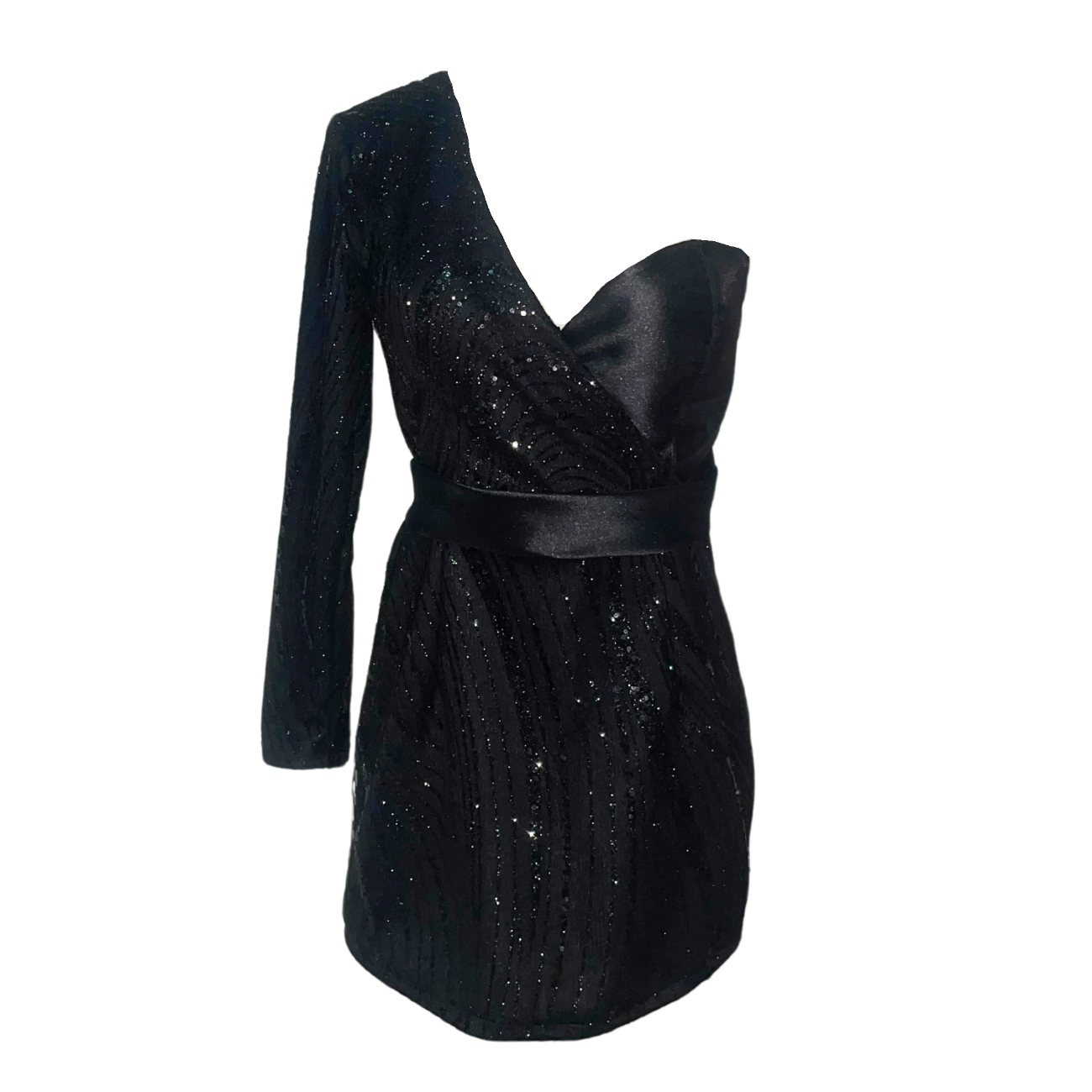 AUVORA Black Sequins One Shoulder Longsleeve Holiday Cocktail Mini Dress