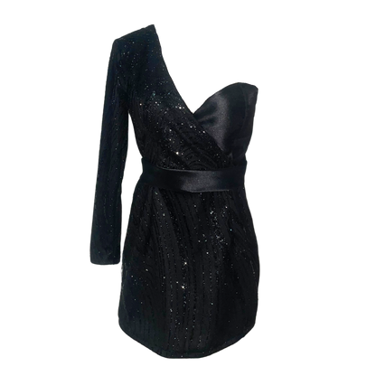 AUVORA Black Sequins One Shoulder Longsleeve Holiday Cocktail Mini Dress
