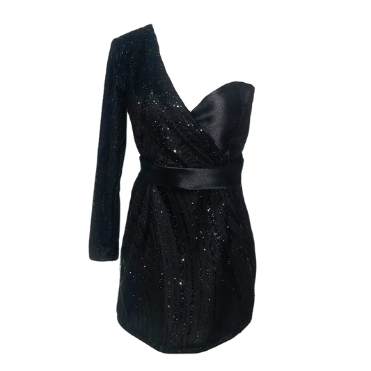 AUVORA Black Sequins One Shoulder Longsleeve Holiday Cocktail Mini Dress